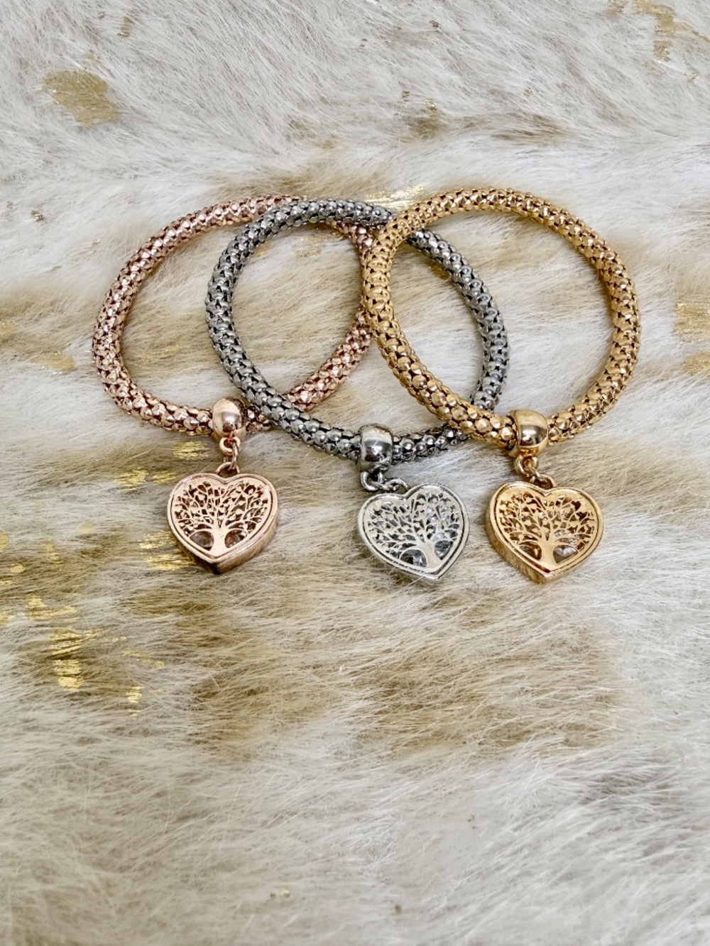 3 Pc Heart Charm Bracelet Set Gold Silver and Rose Gold Tones Tri Color